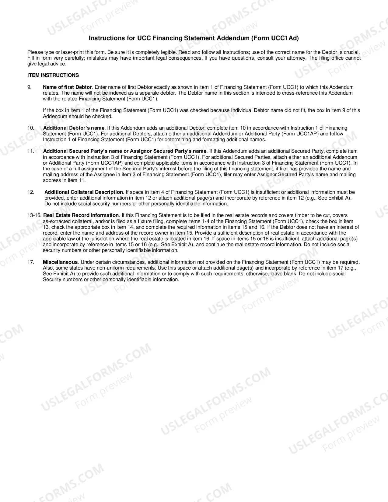 Preview Oregon UCC1 Financing Statement Addendum