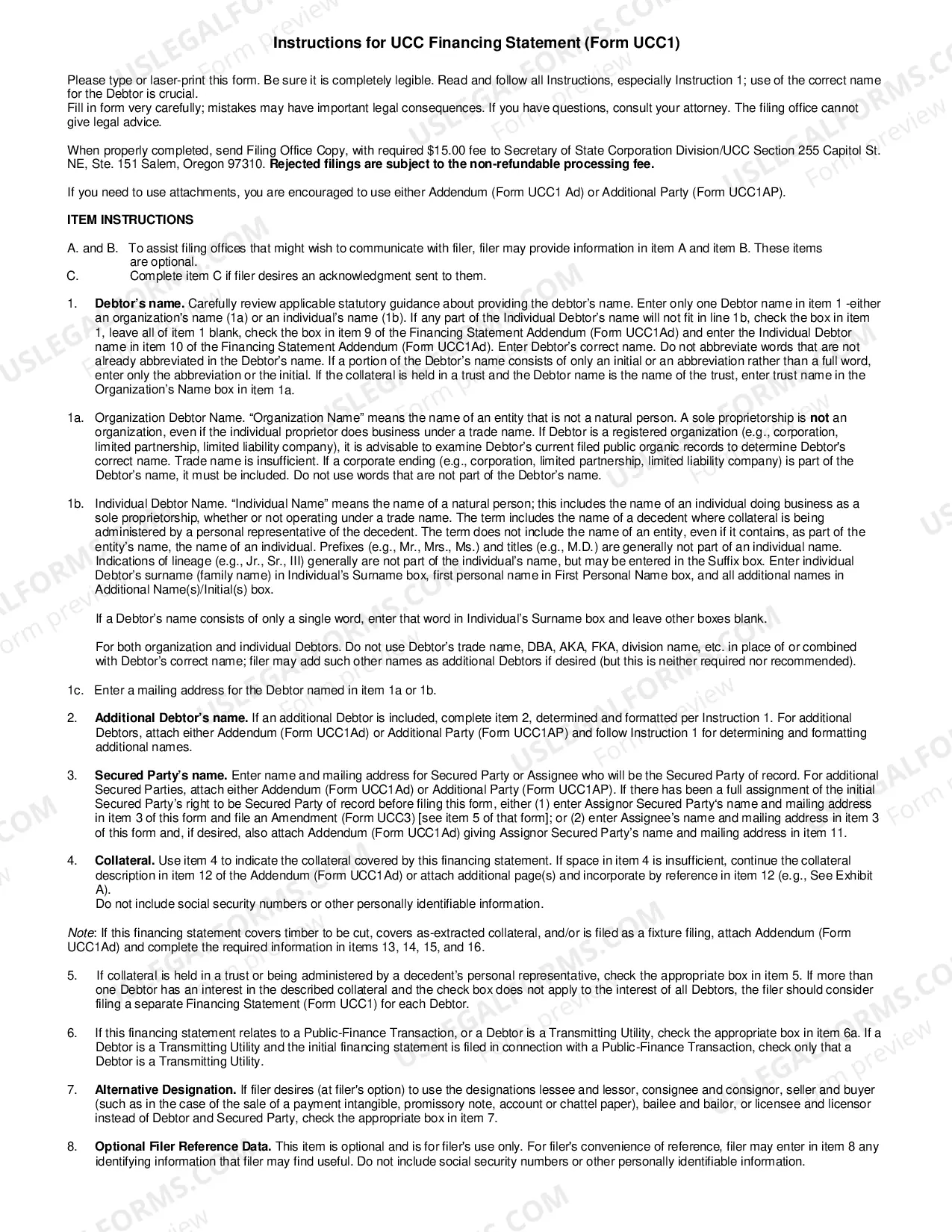Preview Oregon UCC1 Financing Statement