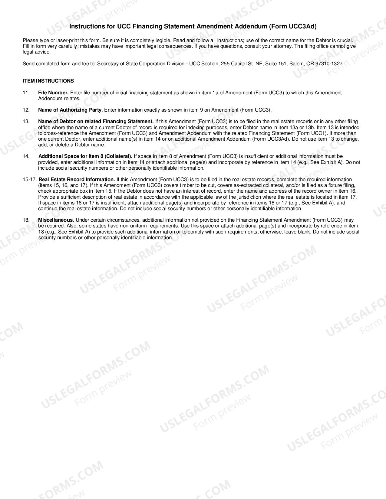 Preview Oregon UCC3 Financing Statement Amendment Addendum