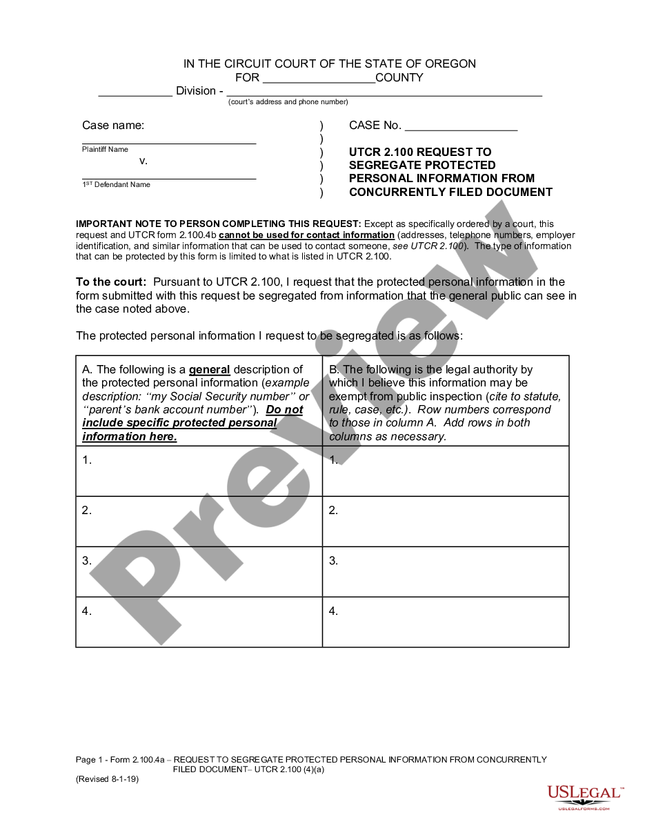 page 0 UTCR 2.100 Affidavit with Request to Segregate Protected Personal Information from Concurrently Filed Document (Long Form) preview