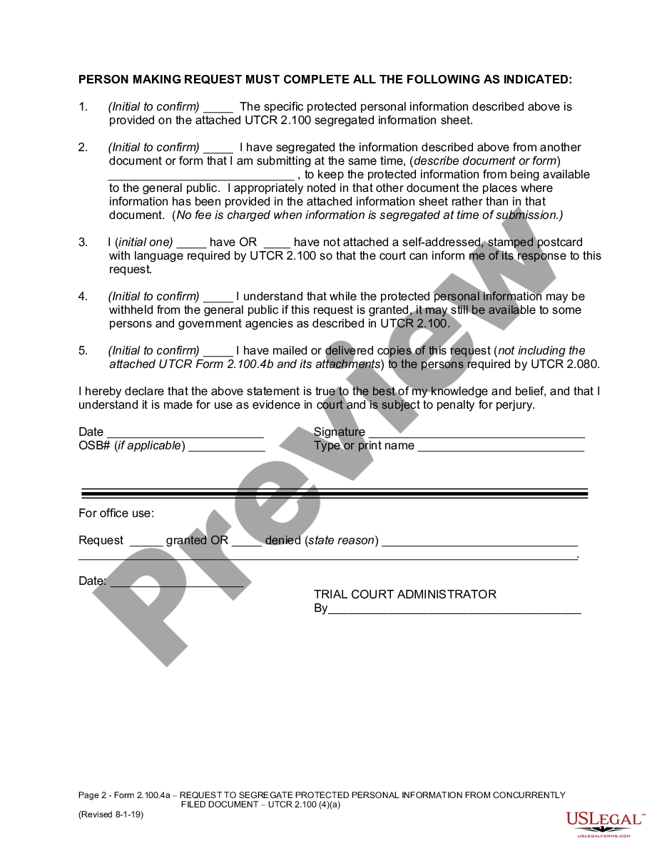 page 1 UTCR 2.100 Affidavit with Request to Segregate Protected Personal Information from Concurrently Filed Document (Long Form) preview