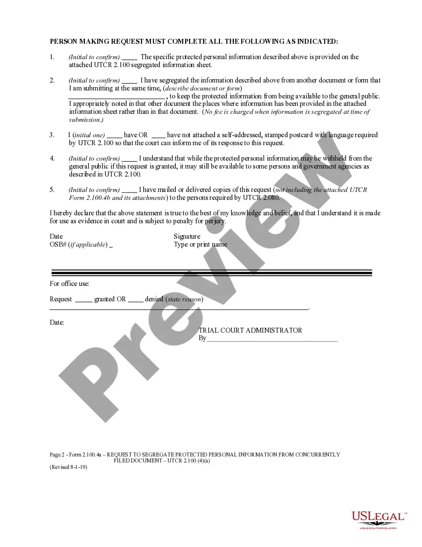 Get UTCR 2.100 Affidavit with Request to Segregate Protected Personal Information from Concurrently Filed Document (Long Form) Preview UTCR 2.100 Affidavit with Request to Segregate Protected Personal Information from Concurrently Filed Document (Long Form)