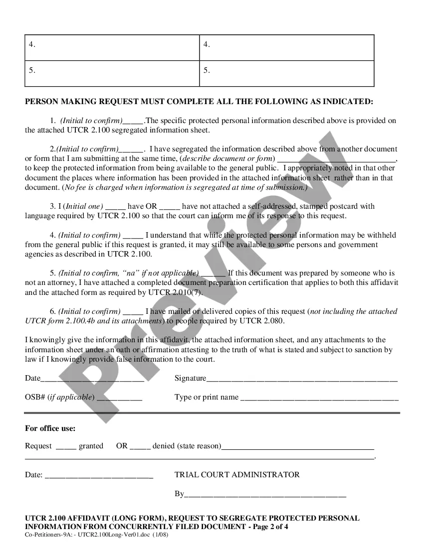 Preview UTCR 2.100 Co-Petitioner (with minor children) Affidavit with Request to Segregate Protected Personal Information from Concurrently Filed Document (Long Form)