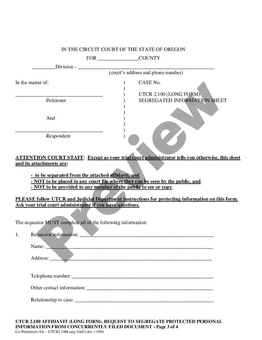 Preview UTCR 2.100 Co-Petitioner (with minor children) Affidavit with Request to Segregate Protected Personal Information from Concurrently Filed Document (Long Form)