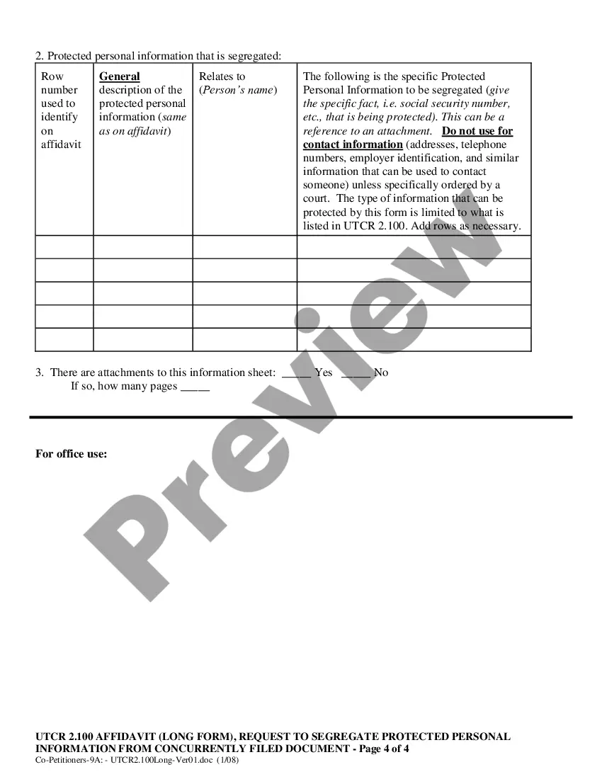 Preview UTCR 2.100 Co-Petitioner (with minor children) Affidavit with Request to Segregate Protected Personal Information from Concurrently Filed Document (Long Form)
