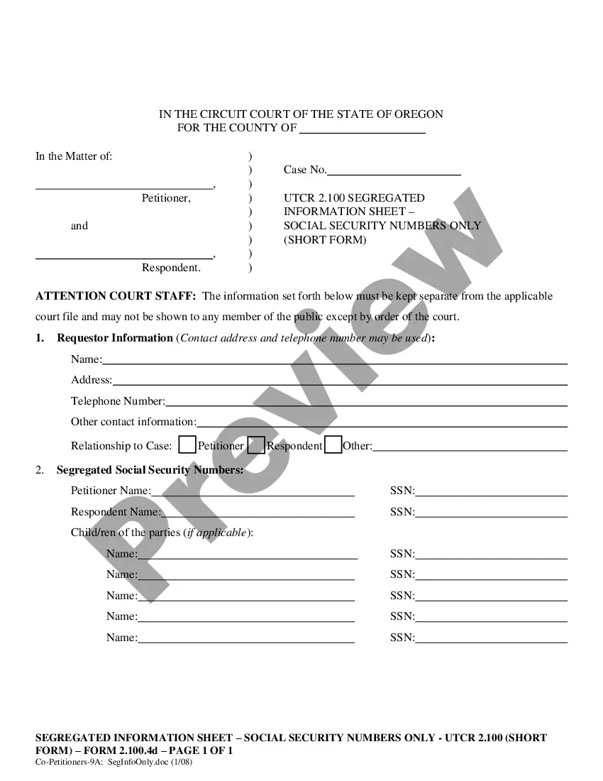 Get UTCR 2.100 Co-Petitioner (with minor children) Affidavit with Request to Segregate Social Security Numbers Only (Short Form) Preview UTCR 2.100 Co-Petitioner (with minor children) Affidavit with Request to Segregate Social Security Numbers Only (Short Form)