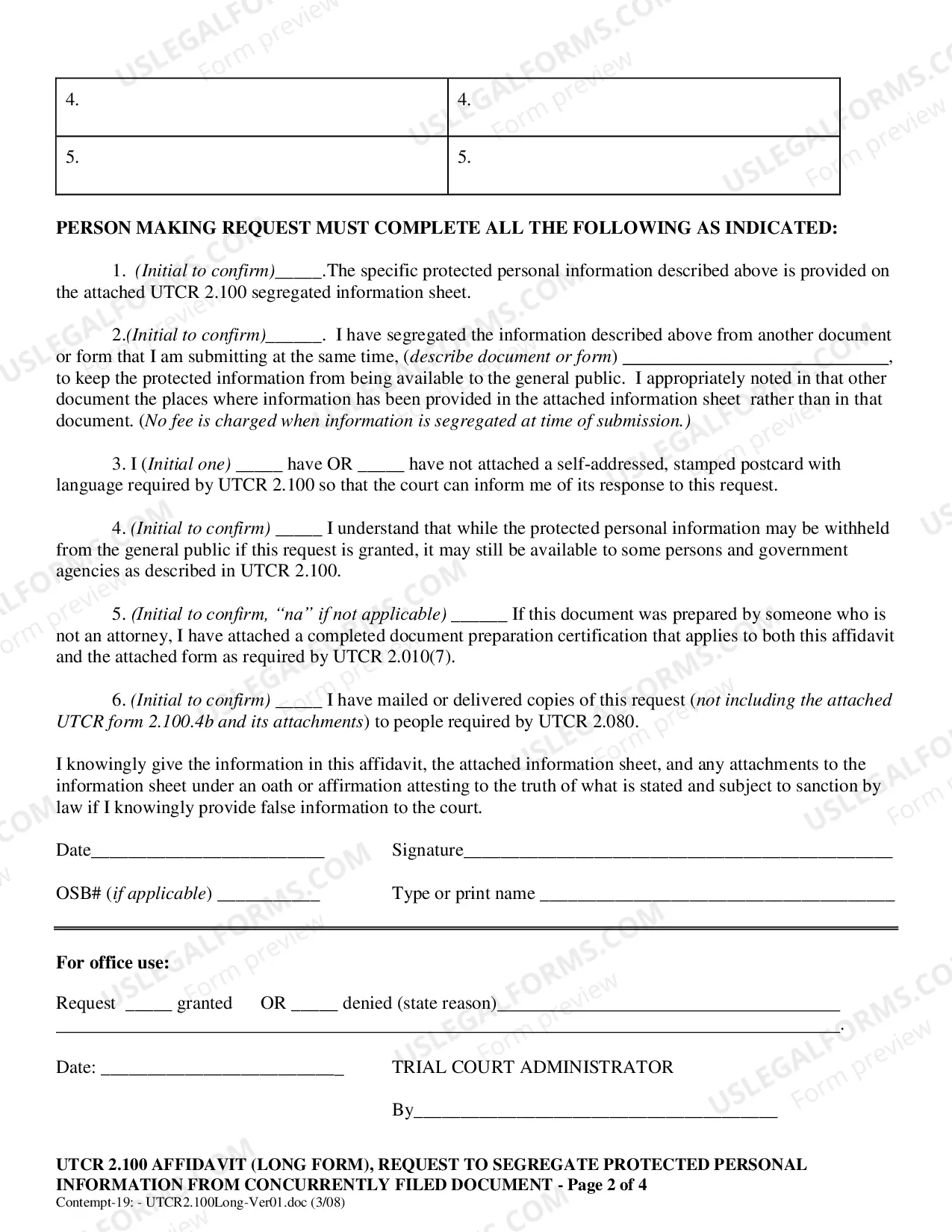 Preview UTCR 2.100 Co-Petitioner (with no or adult children) Affidavit with Request to Segregate Protected Personal Information from Concurrently Filed Document (Long Form)