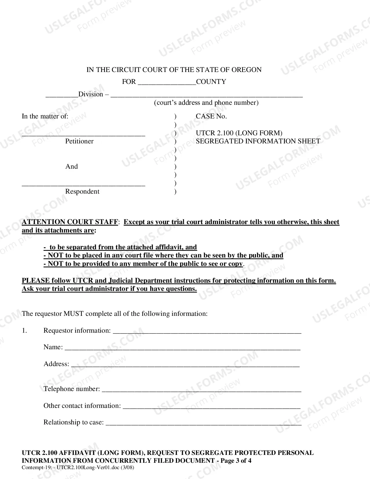 Preview UTCR 2.100 Co-Petitioner (with no or adult children) Affidavit with Request to Segregate Protected Personal Information from Concurrently Filed Document (Long Form)