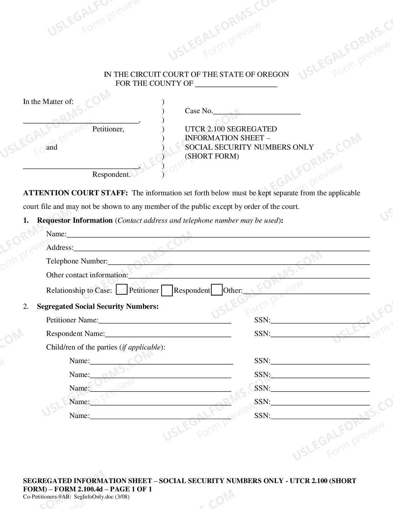Preview Co-Petitioner (with no or adult children) Affidavit with Request to Segregate Social Security Numbers Only (Short Form)