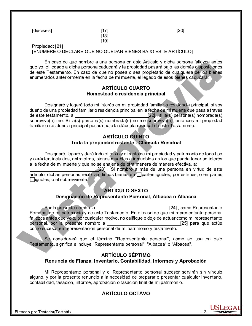 Preview Formulario de última voluntad y testamento legal para persona soltera sin hijos