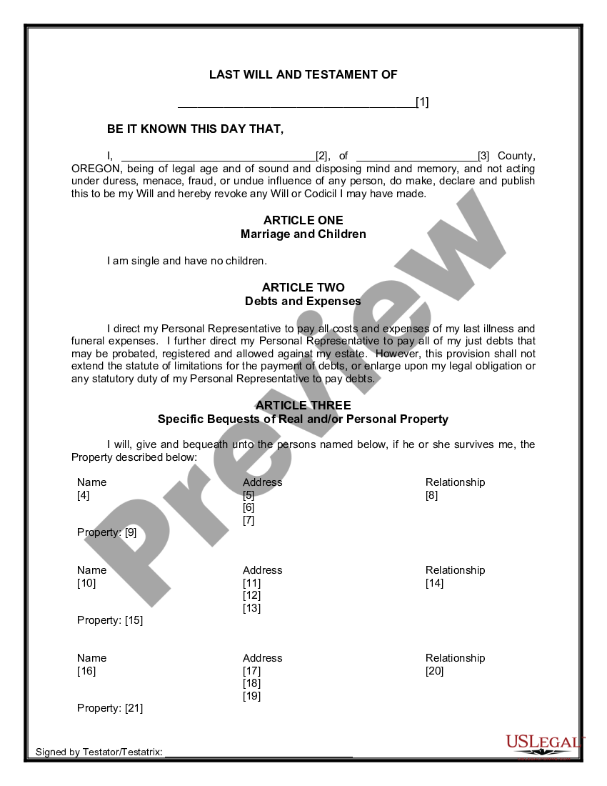 Oregon Legal Last Will and Testament Form for Single Person with No