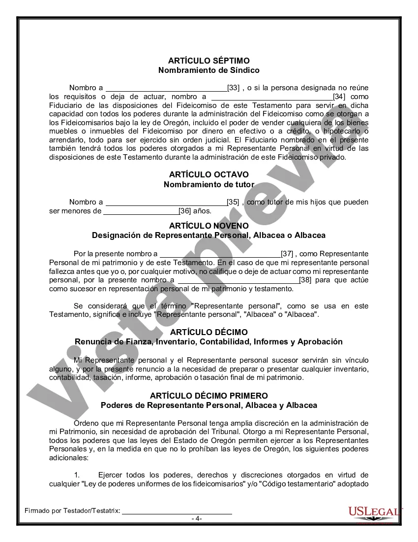 Preview Formulario Legal de Última Voluntad y Testamento para Persona Soltera con Hijos Adultos y Menores