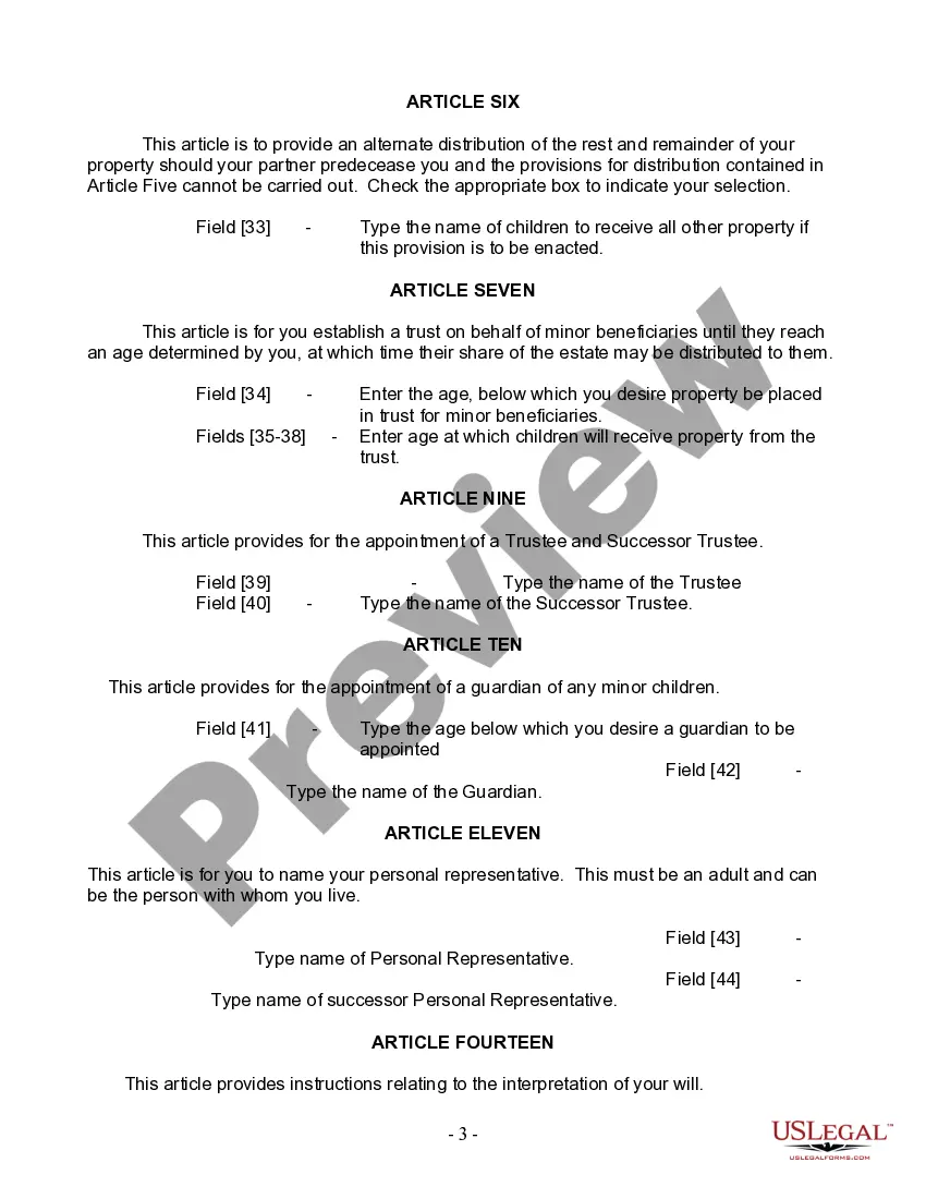 Preview Last Will and Testament for Domestic Partner with Minor Children from Prior Marriage