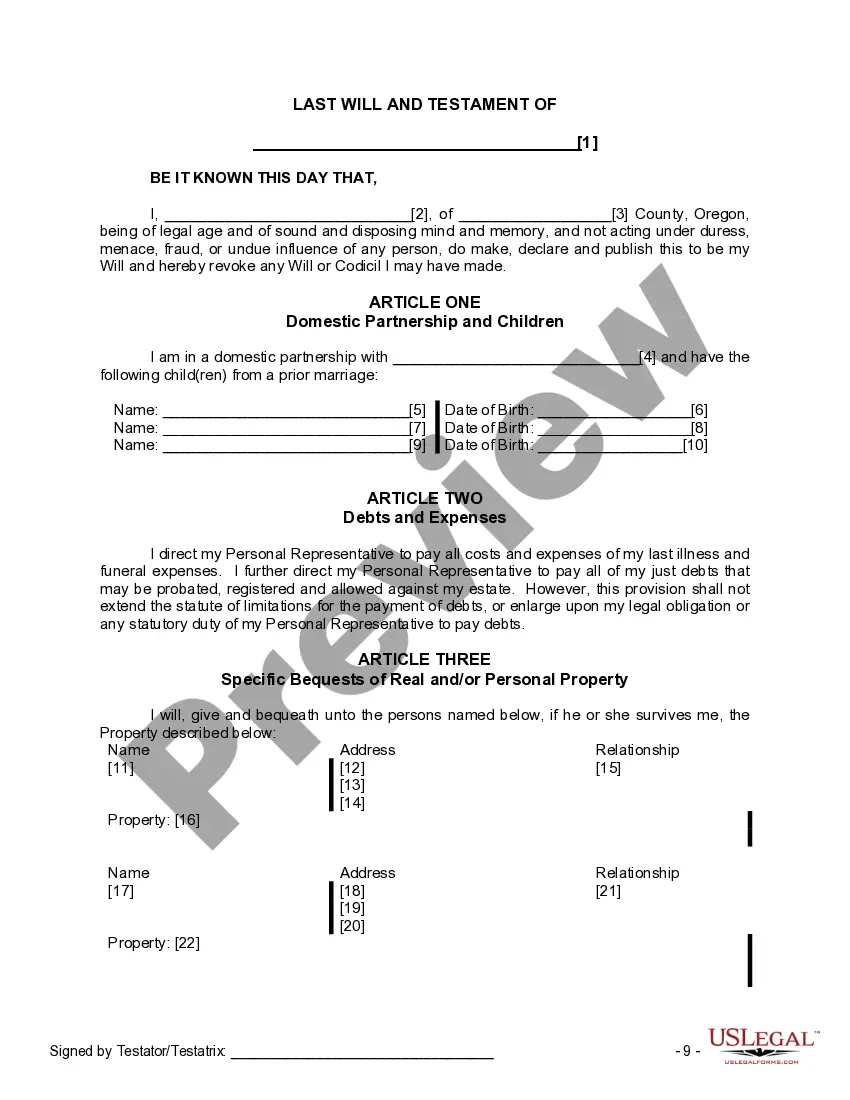 Preview Last Will and Testament for Domestic Partner with Minor Children from Prior Marriage