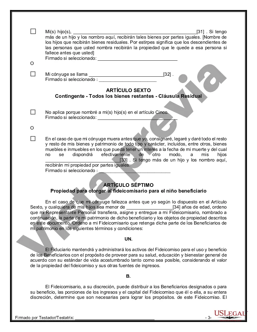Preview Última voluntad y testamento legal para persona casada con hijos menores de edad de un matrimonio anterior