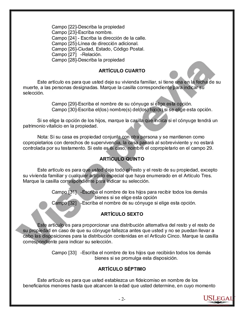 Preview Última voluntad y testamento legal para persona casada con hijos menores de edad de un matrimonio anterior