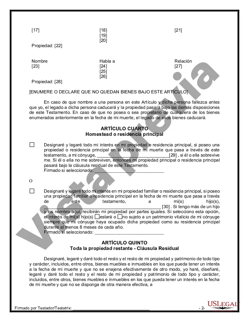 Preview Última voluntad y testamento legal para persona casada con hijos menores de edad de un matrimonio anterior