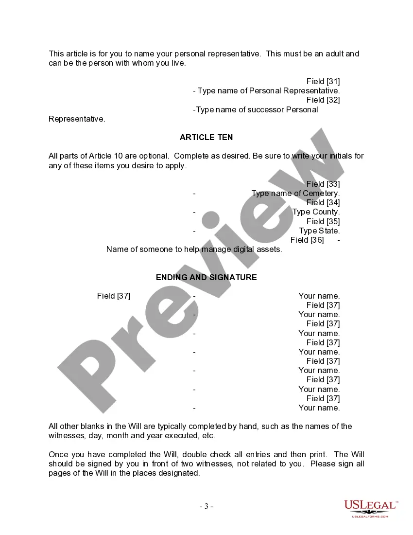 Preview Last Will and Testament for Divorced person not Remarried with Adult Children
