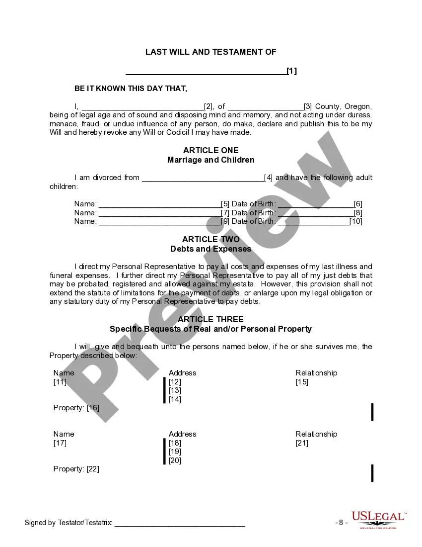 Preview Last Will and Testament for Divorced person not Remarried with Adult Children