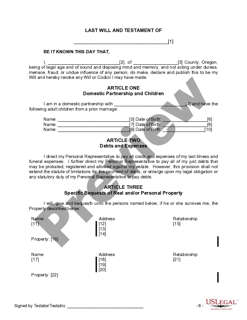 Preview Last Will and Testament for Domestic Partner with Adult Children from Prior Marriage