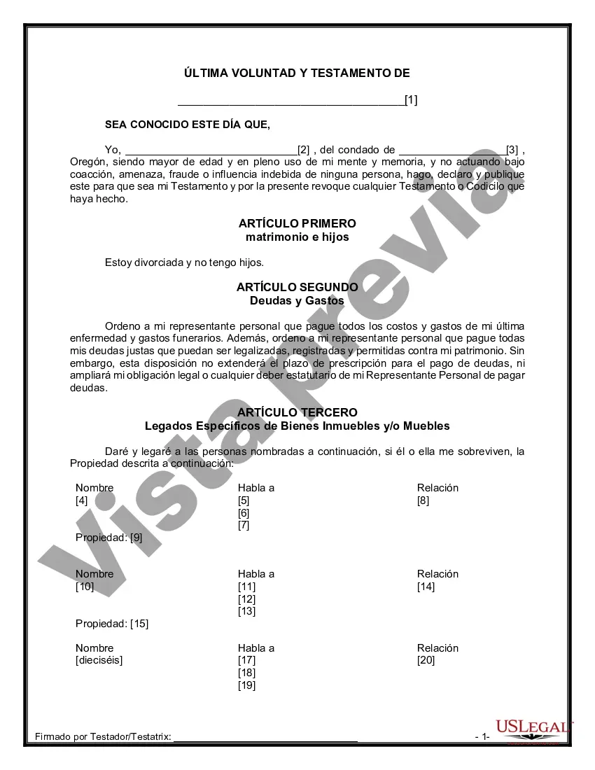 Preview Formulario de última voluntad y testamento legal para personas divorciadas que no se han vuelto a casar y no tienen hijos