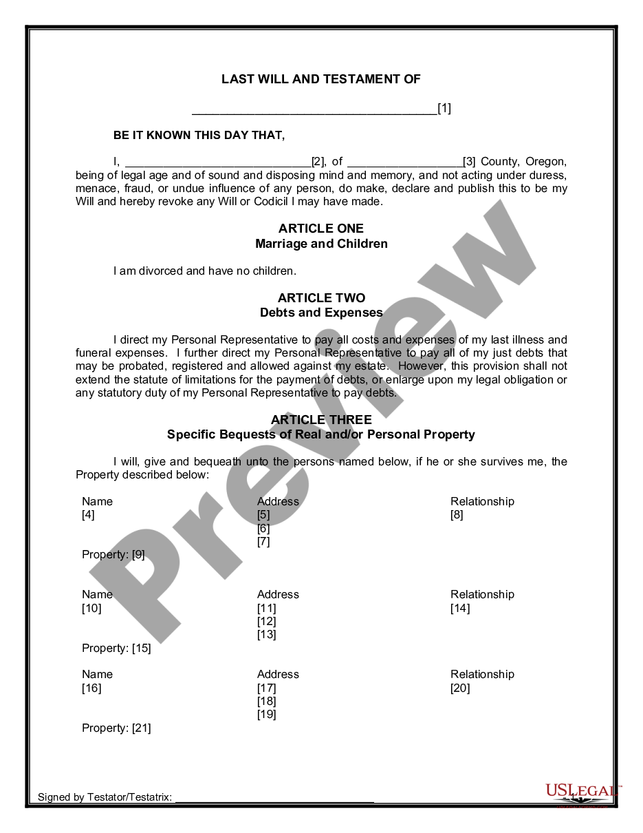 form Legal Last Will and Testament Form for Divorced Person Not Remarried with No Children preview
