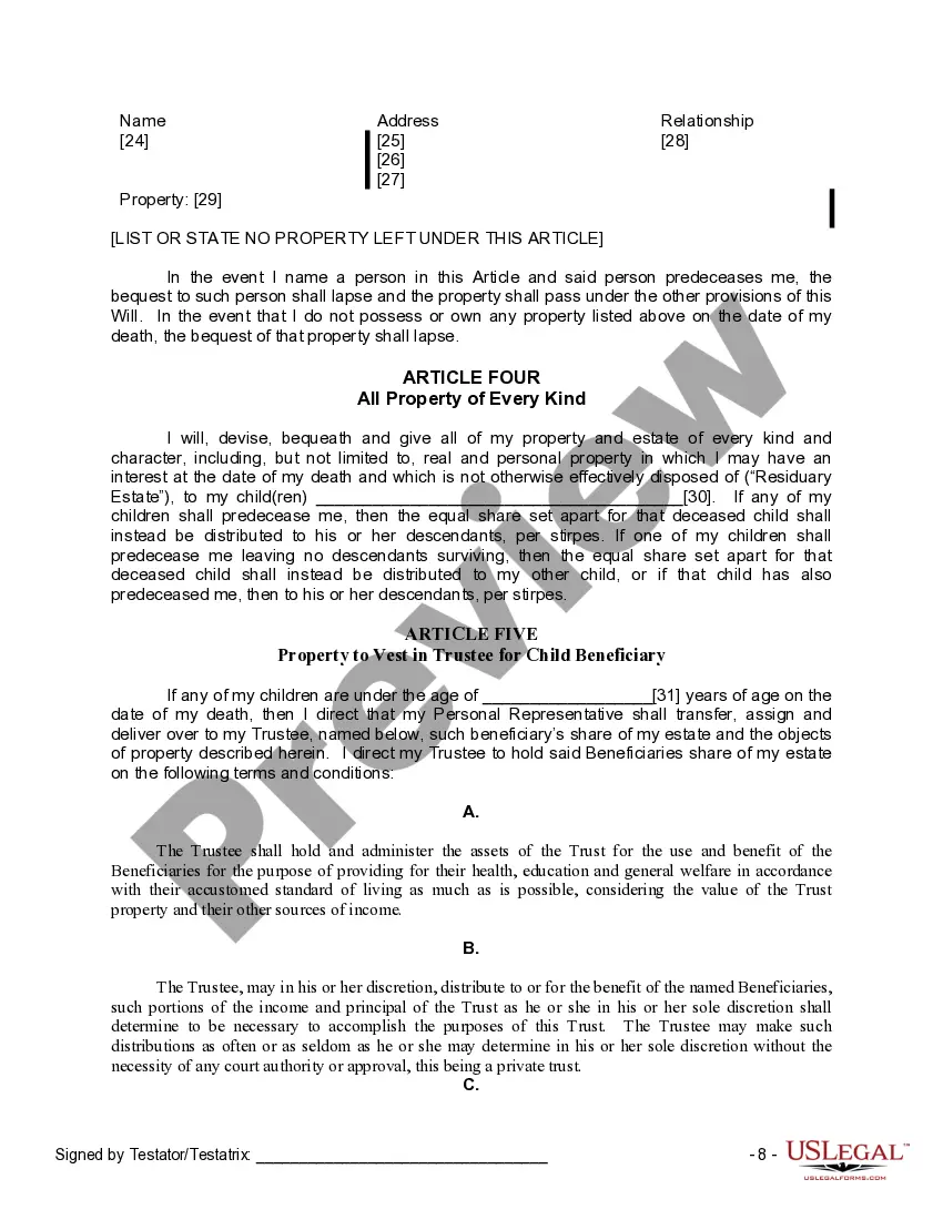 Preview Last Will and Testament for Divorced Person Not Remarried with Adult and Minor Children