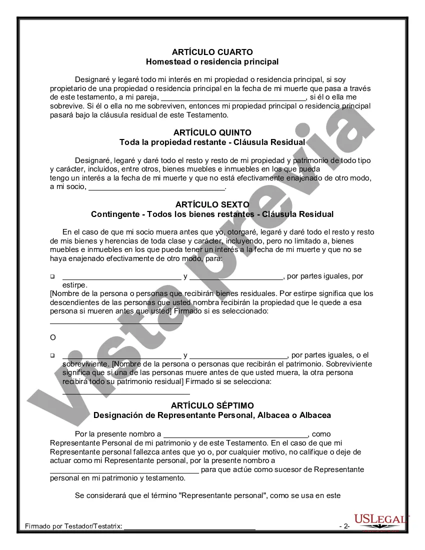 Preview Formulario de última voluntad y testamento legal para una pareja de hecho sin hijos