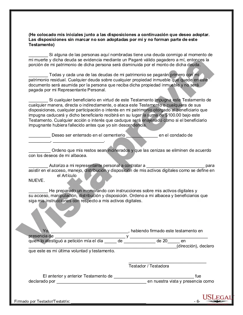 Preview Formulario de última voluntad y testamento legal para una pareja de hecho sin hijos