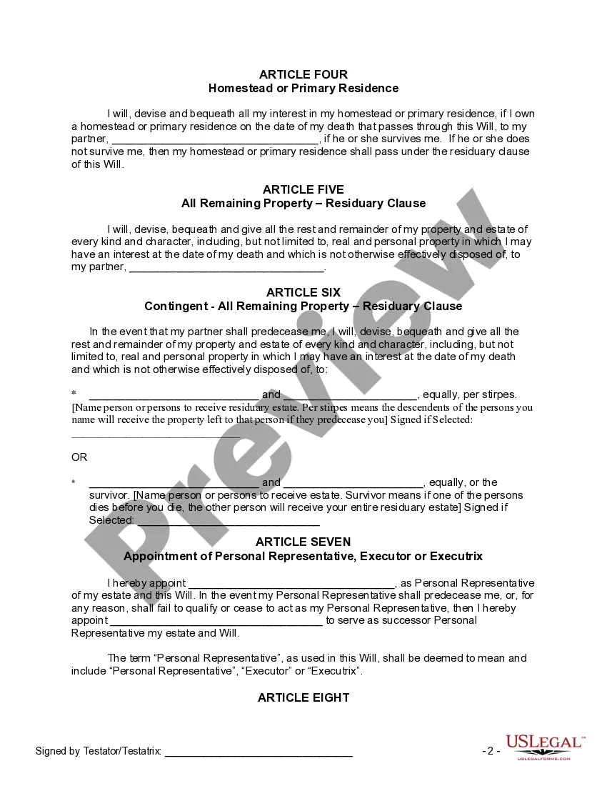Preview Last Will and Testament for a Domestic Partner with No Children