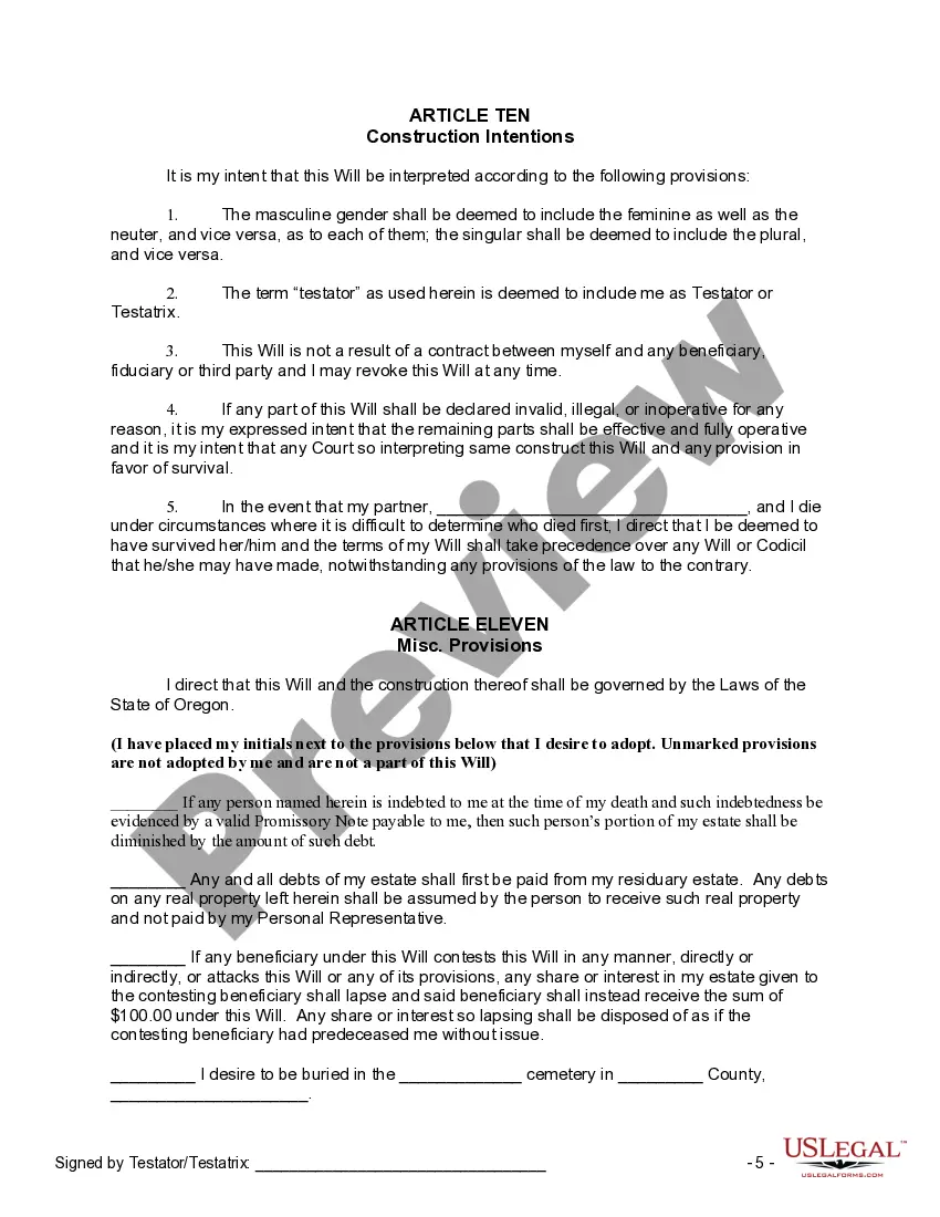 Preview Last Will and Testament for a Domestic Partner with No Children