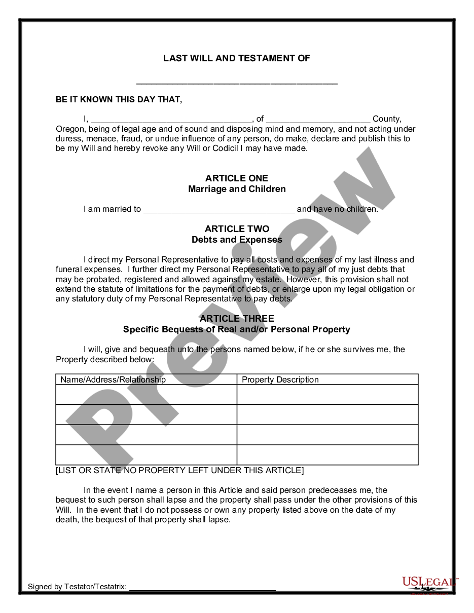 page 0 Legal Last Will and Testament Form for a Married Person with No Children preview
