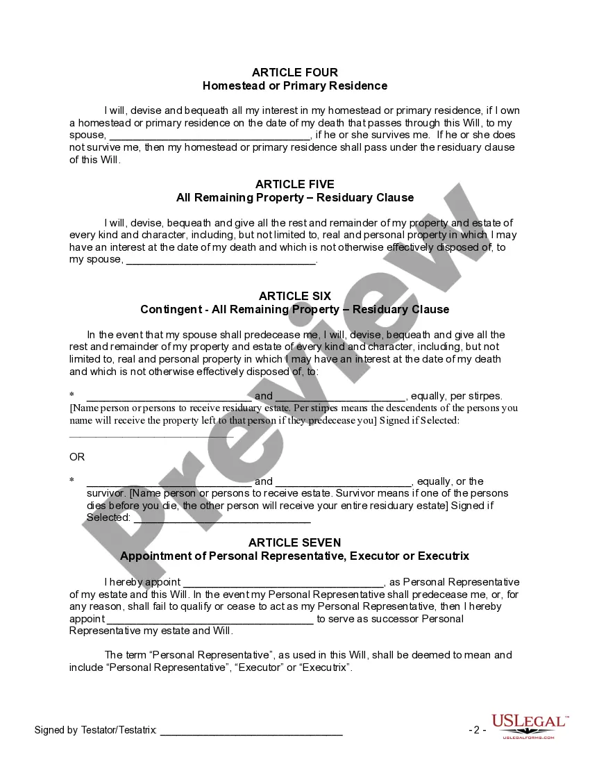 Preview Last Will and Testament for a Married Person with No Children