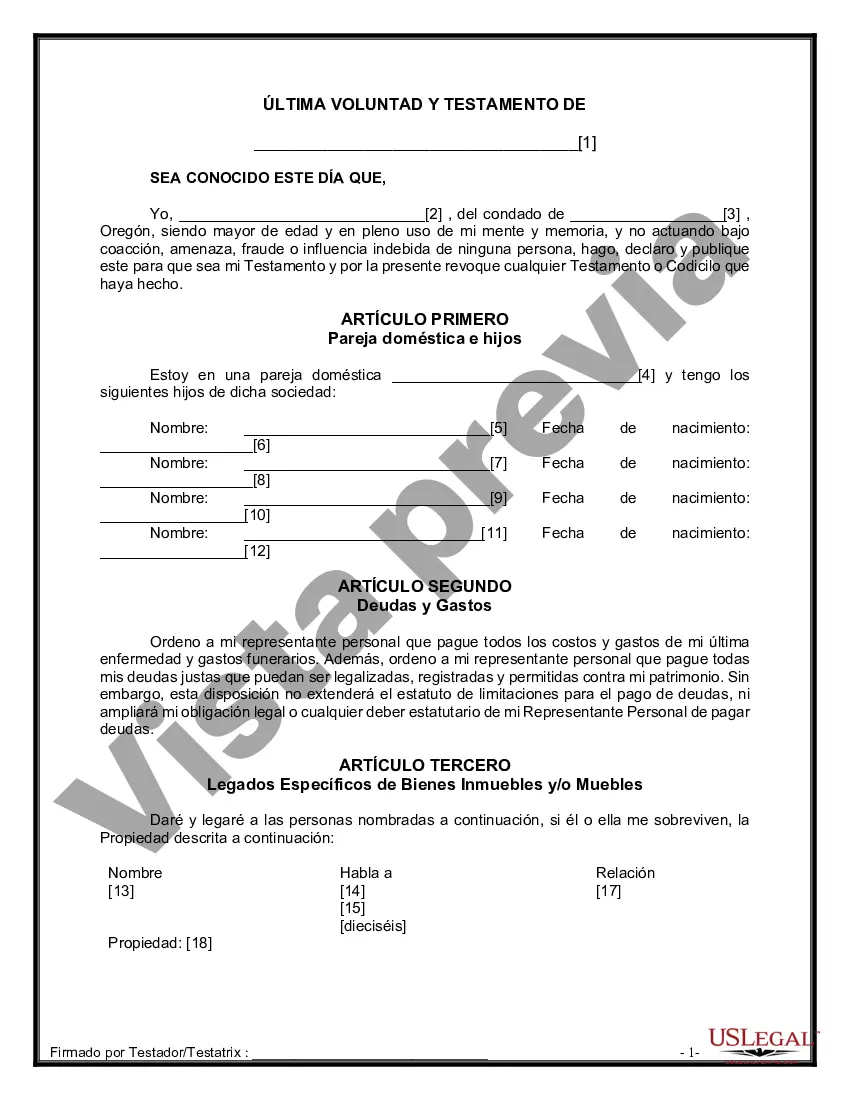 Preview Formulario de última voluntad y testamento legal para pareja de hecho con hijos menores