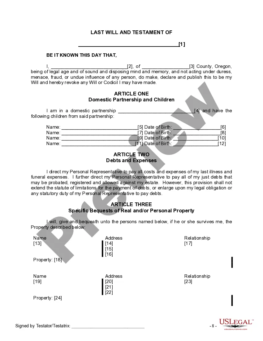 Preview Last Will and Testament for Domestic Partner with Minor Children