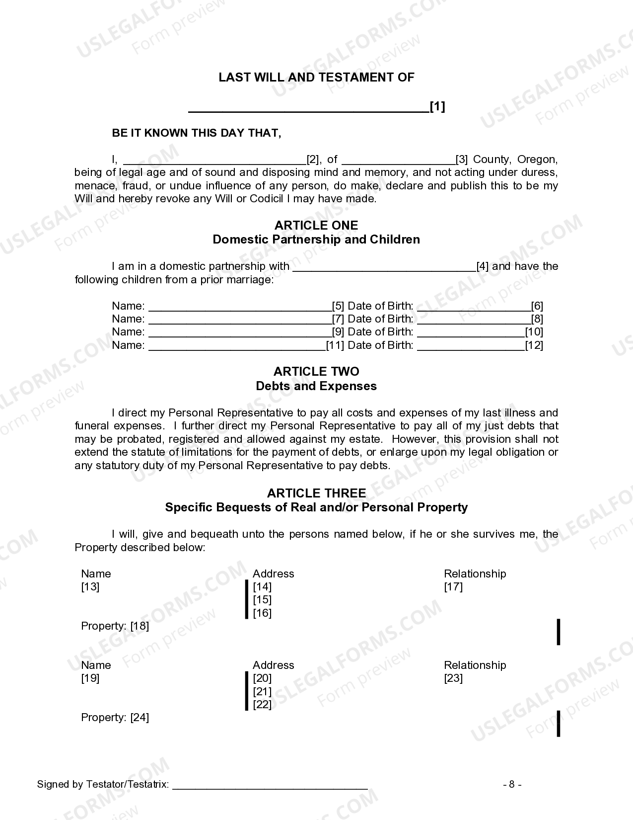 Oregon Legal Last Will and Testament Form for Domestic Partner with ...