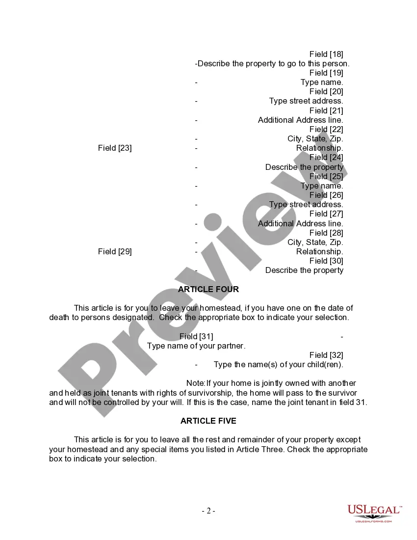 Preview Last Will and Testament for Domestic Partner with Adult and Minor Children from Prior Marriage