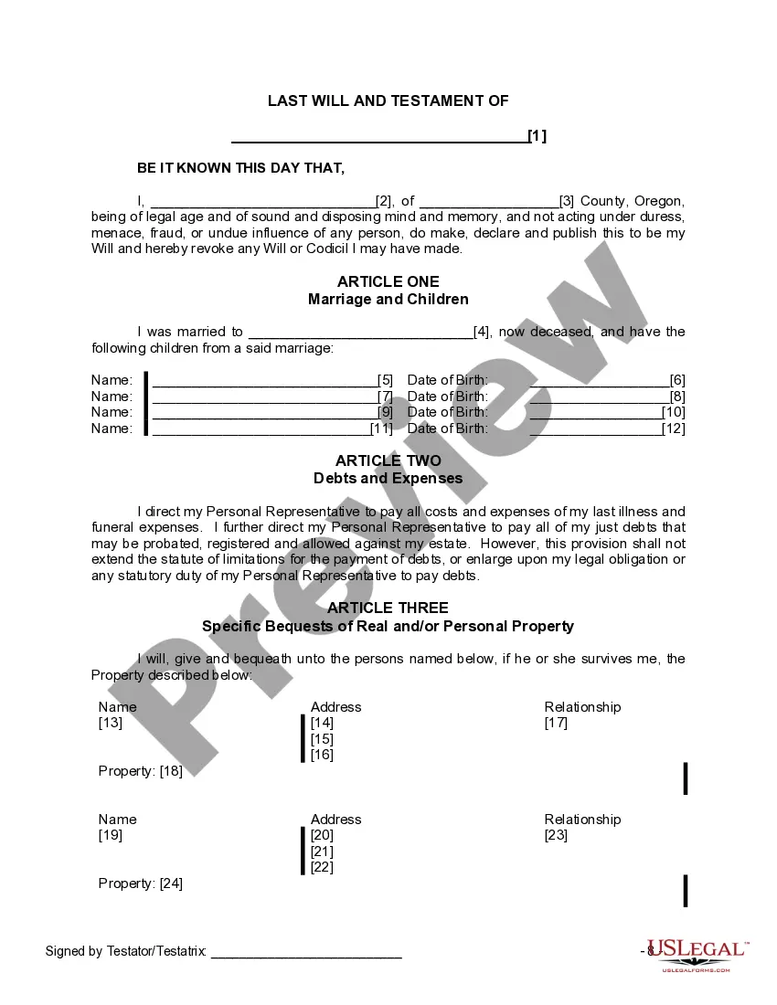 Preview Last Will and Testament for a Widow or Widower with Adult and Minor Children