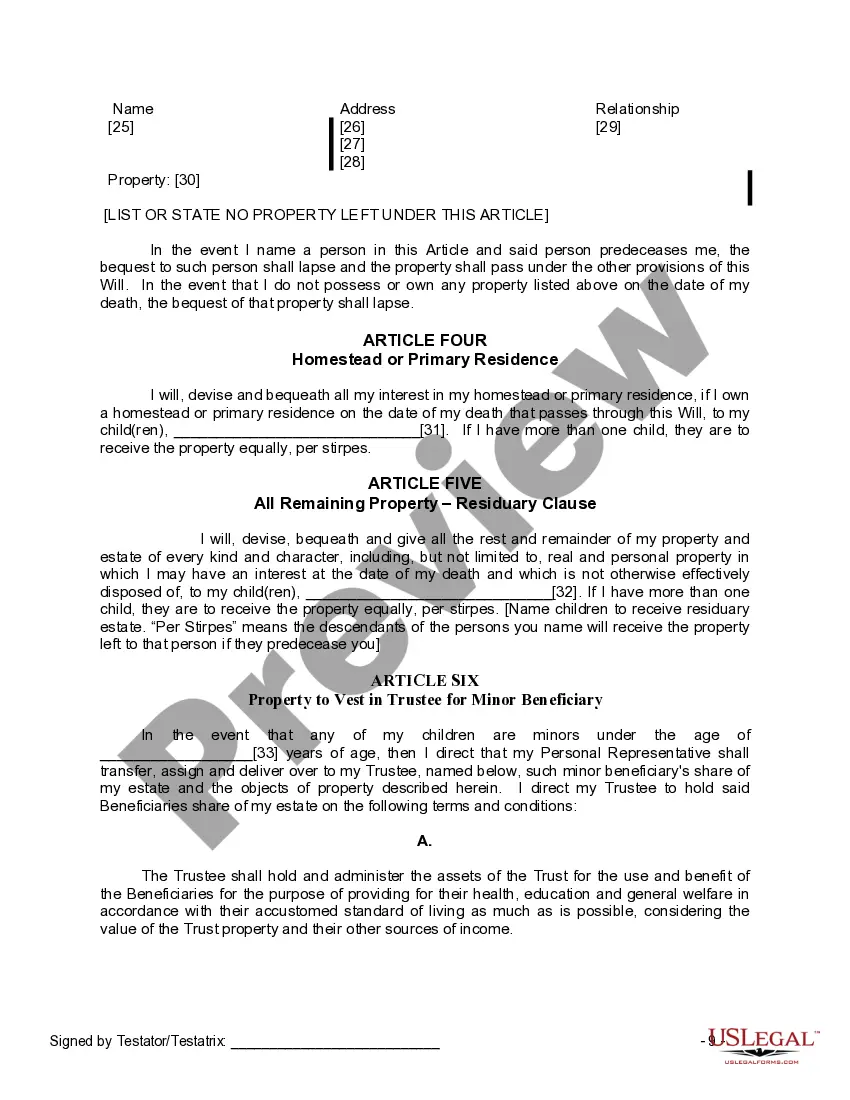 Preview Last Will and Testament for a Widow or Widower with Adult and Minor Children