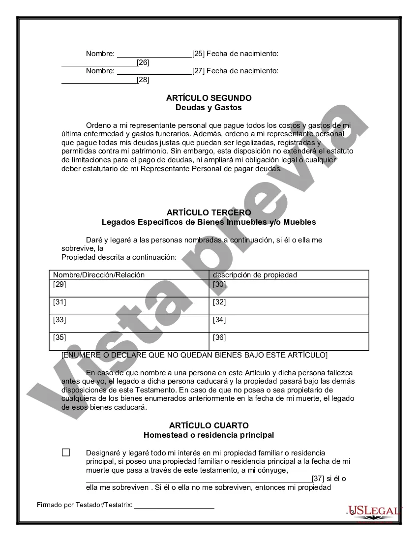 Preview Formulario Legal de Última Voluntad y Testamento para Persona Divorciada y Recasada con Hijos Míos, Tuyos y Nuestros