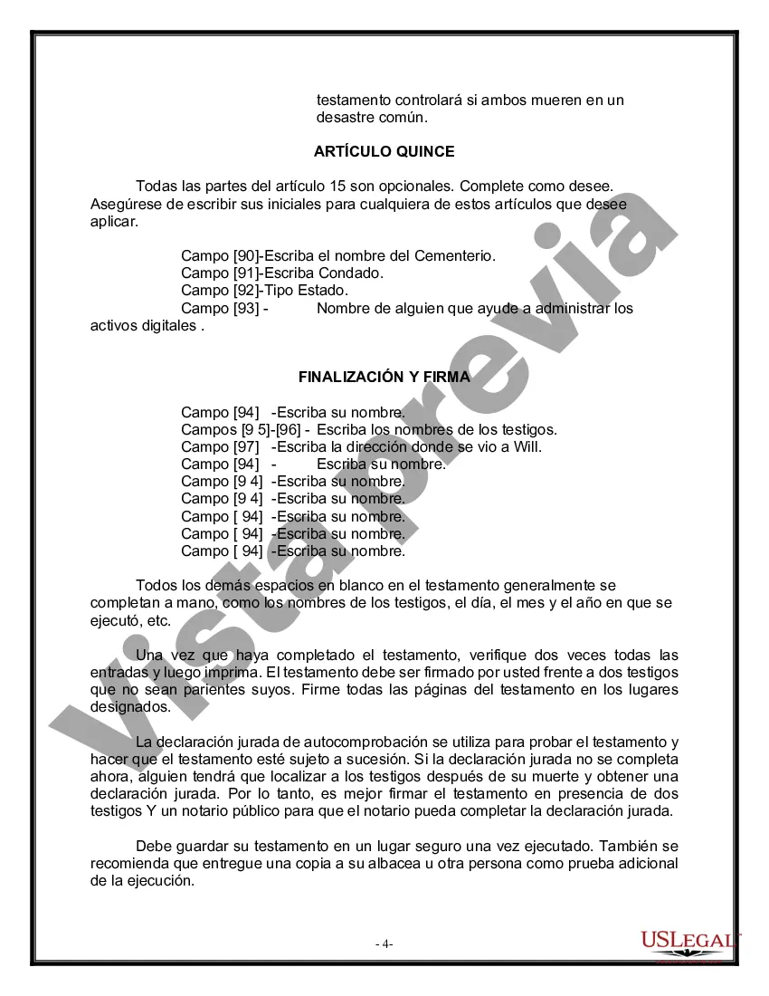 Preview Formulario Legal de Última Voluntad y Testamento para Persona Divorciada y Recasada con Hijos Míos, Tuyos y Nuestros