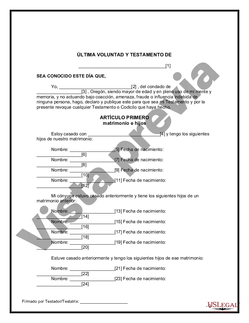 Preview Formulario Legal de Última Voluntad y Testamento para Persona Divorciada y Recasada con Hijos Míos, Tuyos y Nuestros