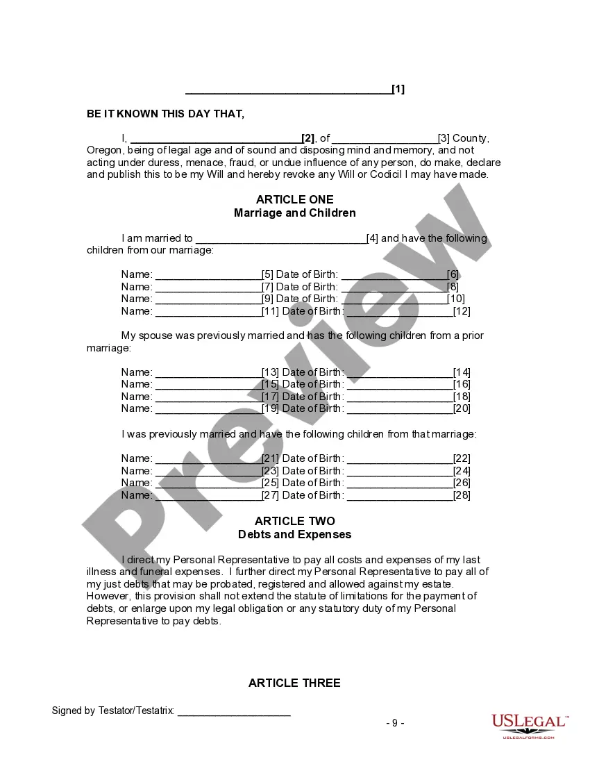 Preview Last Will and Testament for Divorced and Remarried Person with Mine, Yours and Ours Children