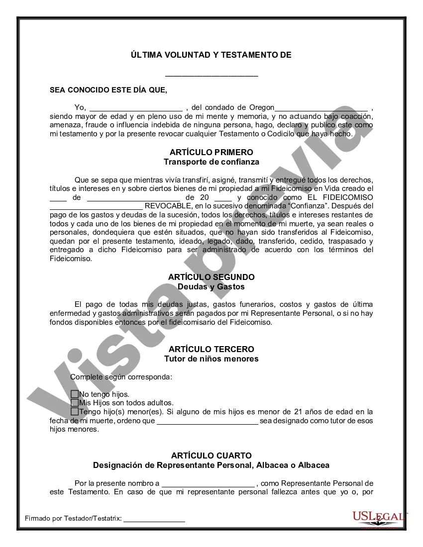 Preview Último testamento legal y formulario de testamento con todos los bienes en fideicomiso llamado testamento invertido
