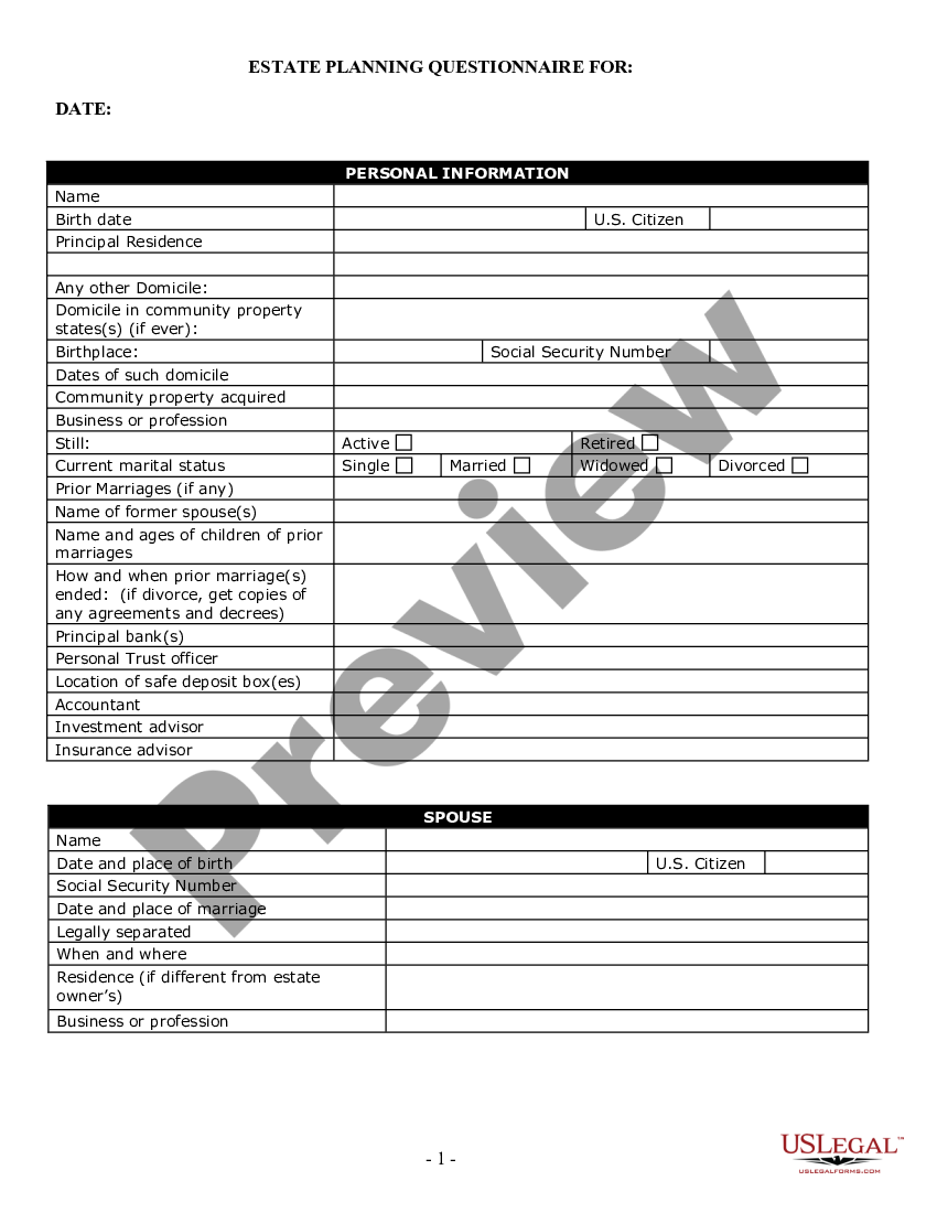 Eugene Oregon Estate Planning Questionnaire and Worksheets - 801 Form ...