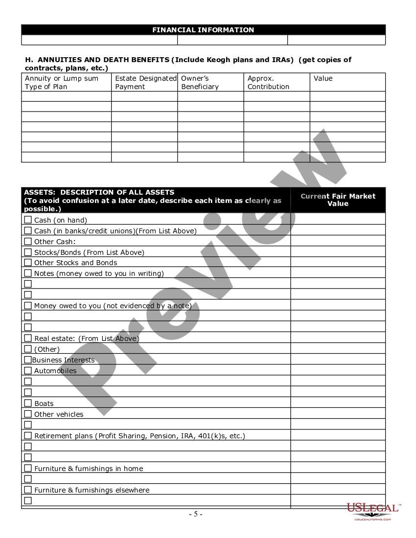 Eugene Oregon Estate Planning Questionnaire and Worksheets - 801 Form