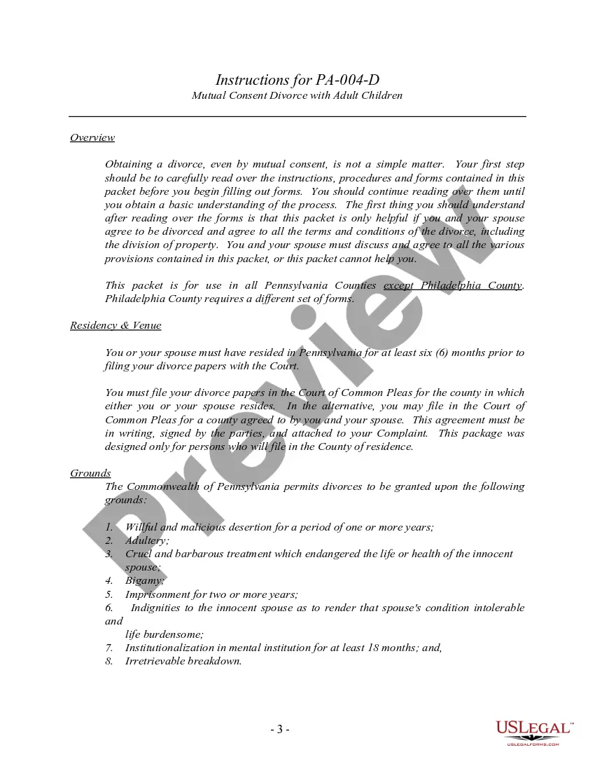 Get Pennsylvania No-Fault Uncontested Agreed Divorce Package for Dissolution of Marriage with Adult Children and with or without Property and Debts Preview Pennsylvania No-Fault Uncontested Agreed Divorce Package for Dissolution of Marriage with Adult Children and with or without Property and Debts