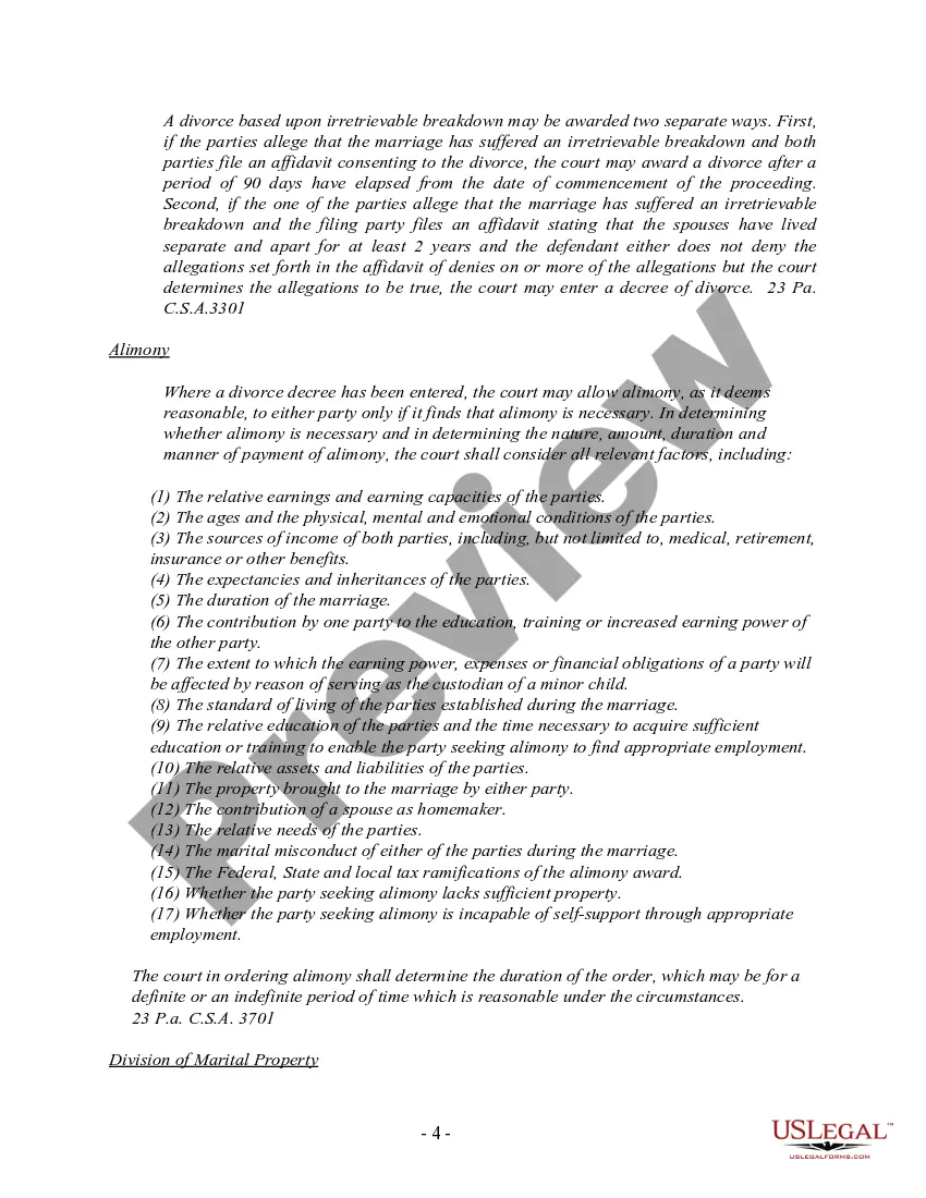 Get Pennsylvania No-Fault Uncontested Agreed Divorce Package for Dissolution of Marriage with Adult Children and with or without Property and Debts Preview Pennsylvania No-Fault Uncontested Agreed Divorce Package for Dissolution of Marriage with Adult Children and with or without Property and Debts
