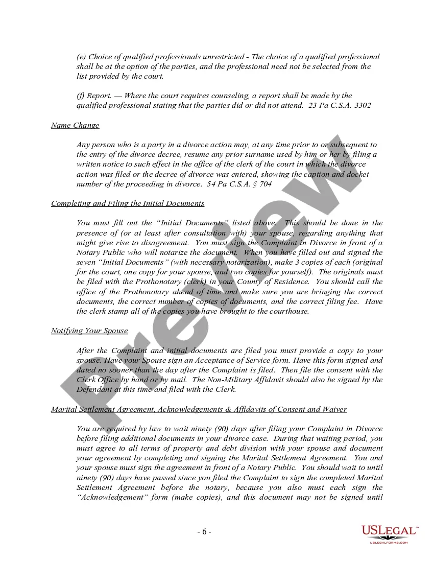 Get Pennsylvania No-Fault Uncontested Agreed Divorce Package for Dissolution of Marriage with Adult Children and with or without Property and Debts Preview Pennsylvania No-Fault Uncontested Agreed Divorce Package for Dissolution of Marriage with Adult Children and with or without Property and Debts