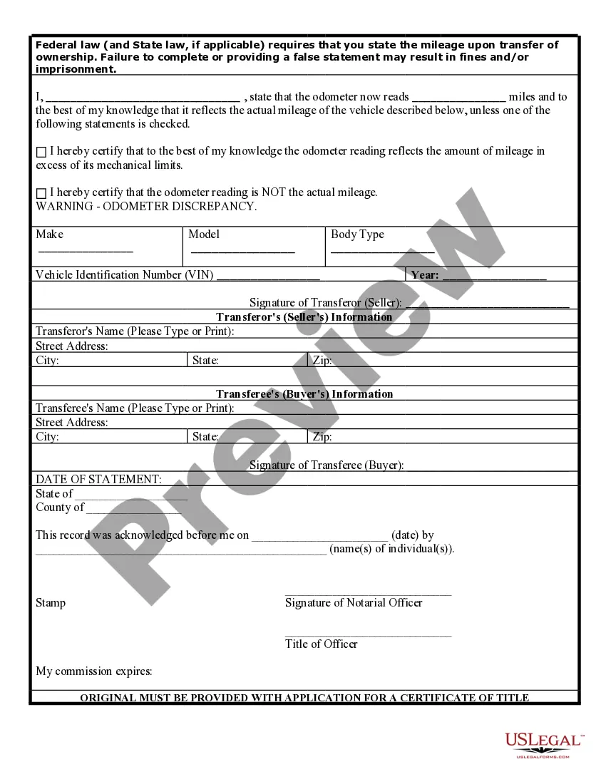 Preview Bill of Sale for Automobile or Vehicle including Odometer Statement and Promissory Note
